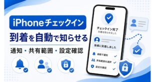 iPhoneのチェックイン機能で到着通知、共有範囲、設定確認を行う流れをまとめた日本語アイキャッチ画像