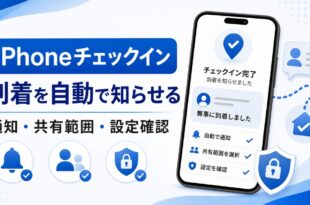iPhoneのチェックイン機能で到着通知、共有範囲、設定確認を行う流れをまとめた日本語アイキャッチ画像
