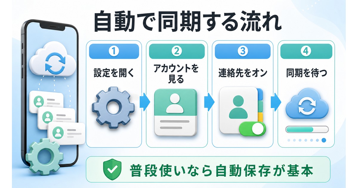 iPhoneの連絡先を自動で同期する流れを示した情報画像