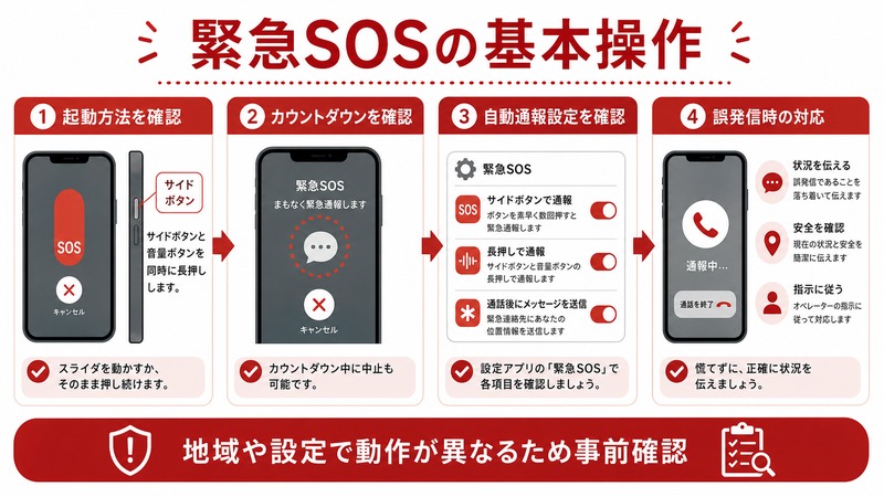 iPhone緊急SOSの起動方法、カウントダウン、自動通報設定、誤発信時の対応を確認する日本語図解