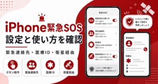 iPhone緊急SOSでボタン操作、緊急連絡先、医療ID、衛星経由の確認項目を説明する日本語アイキャッチ画像