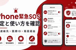 iPhone緊急SOSでボタン操作、緊急連絡先、医療ID、衛星経由の確認項目を説明する日本語アイキャッチ画像