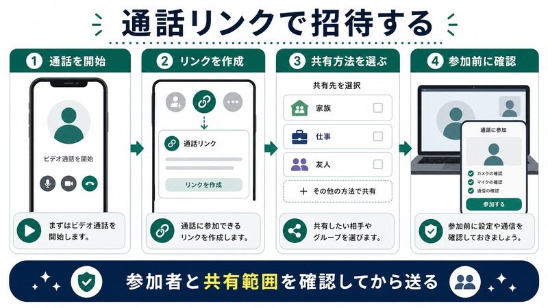 FaceTimeで通話を開始し、通話リンクを作成して共有方法を選び、参加前に設定を確認する日本語図解