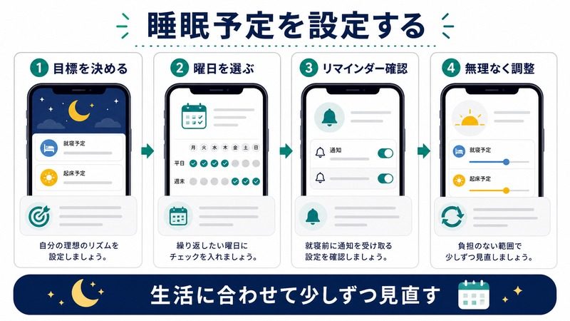 iPhoneヘルスケアの睡眠予定で目標、曜日、リマインダーを確認し生活に合わせて見直す日本語図解