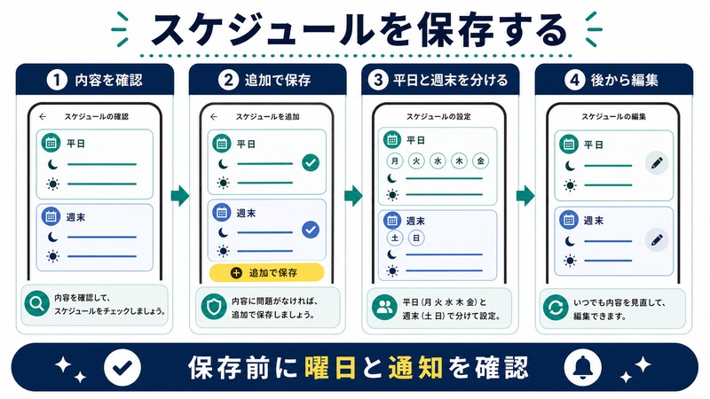 睡眠スケジュールの内容確認、追加保存、平日と週末の分け方、後から編集する流れを示す日本語図解