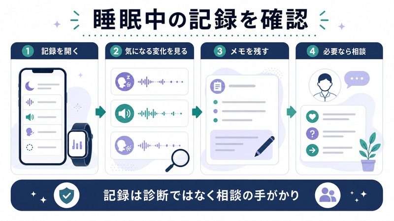 睡眠中の記録を開き、気になる変化を見てメモを残し、必要なら専門家へ相談する日本語図解