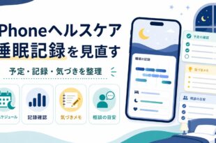 iPhoneヘルスケアで睡眠スケジュール、記録確認、気づきメモ、相談の目安を整理する日本語アイキャッチ画像