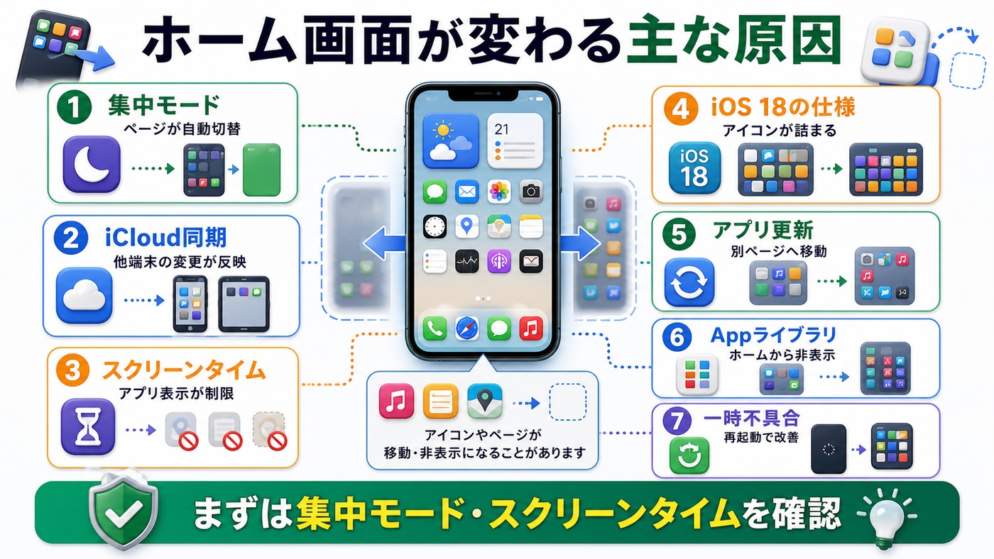 iPhoneホーム画面が勝手に変わる主な原因を整理した図解
