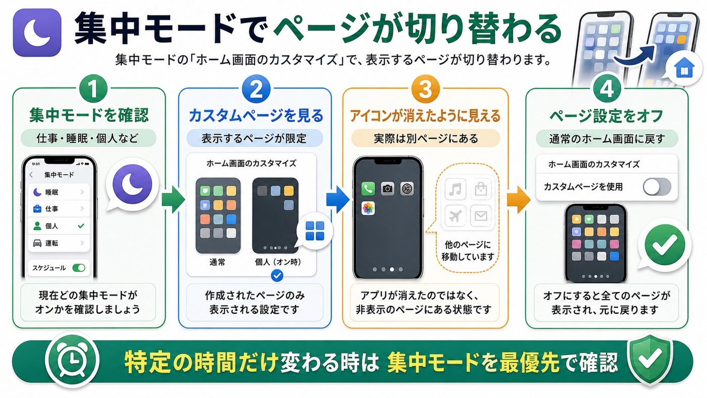 集中モードでホーム画面ページが切り替わる仕組みをまとめた図解