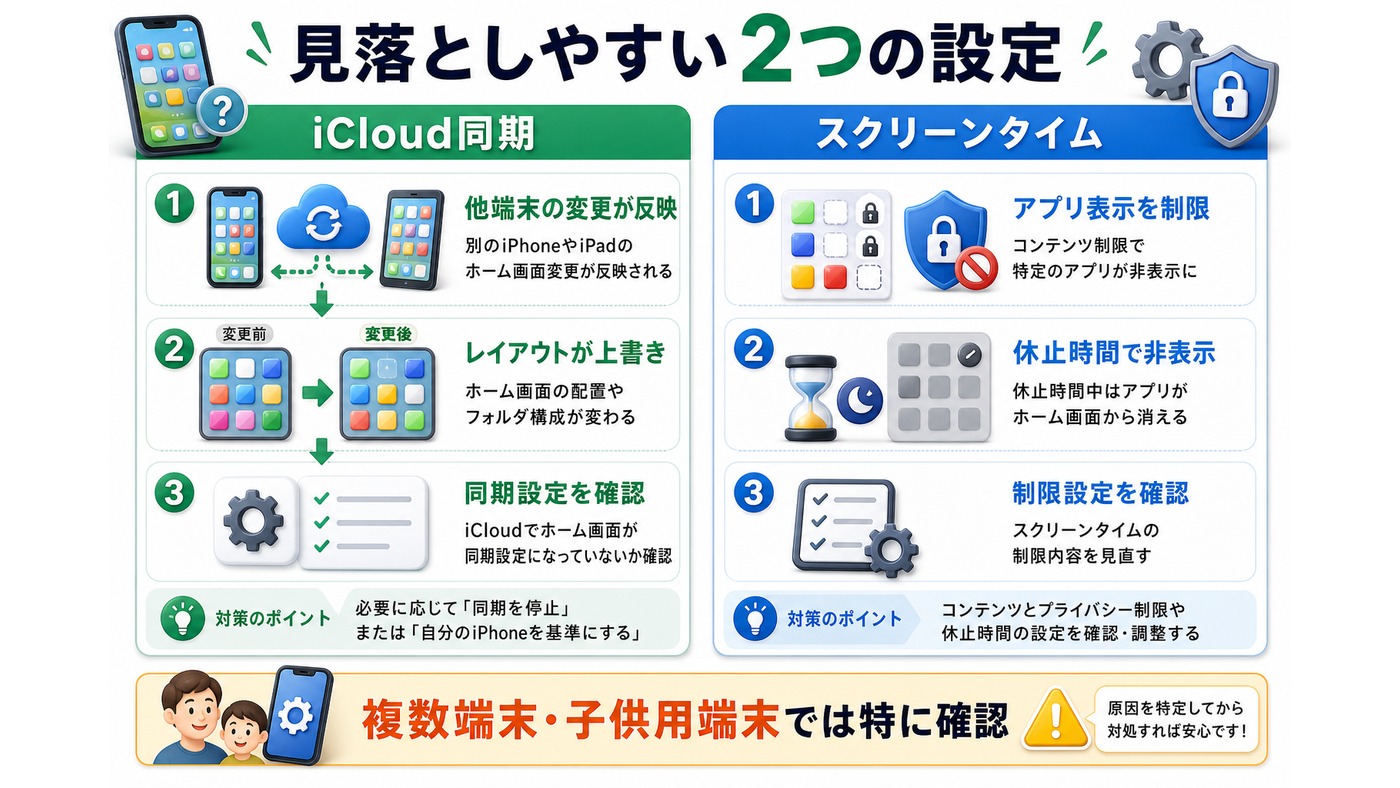 iCloud同期とスクリーンタイムでアイコンが消える原因をまとめた図解