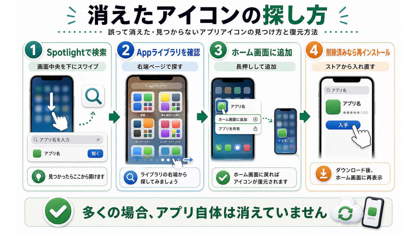 消えたアプリアイコンを探して復元する方法をまとめた図解