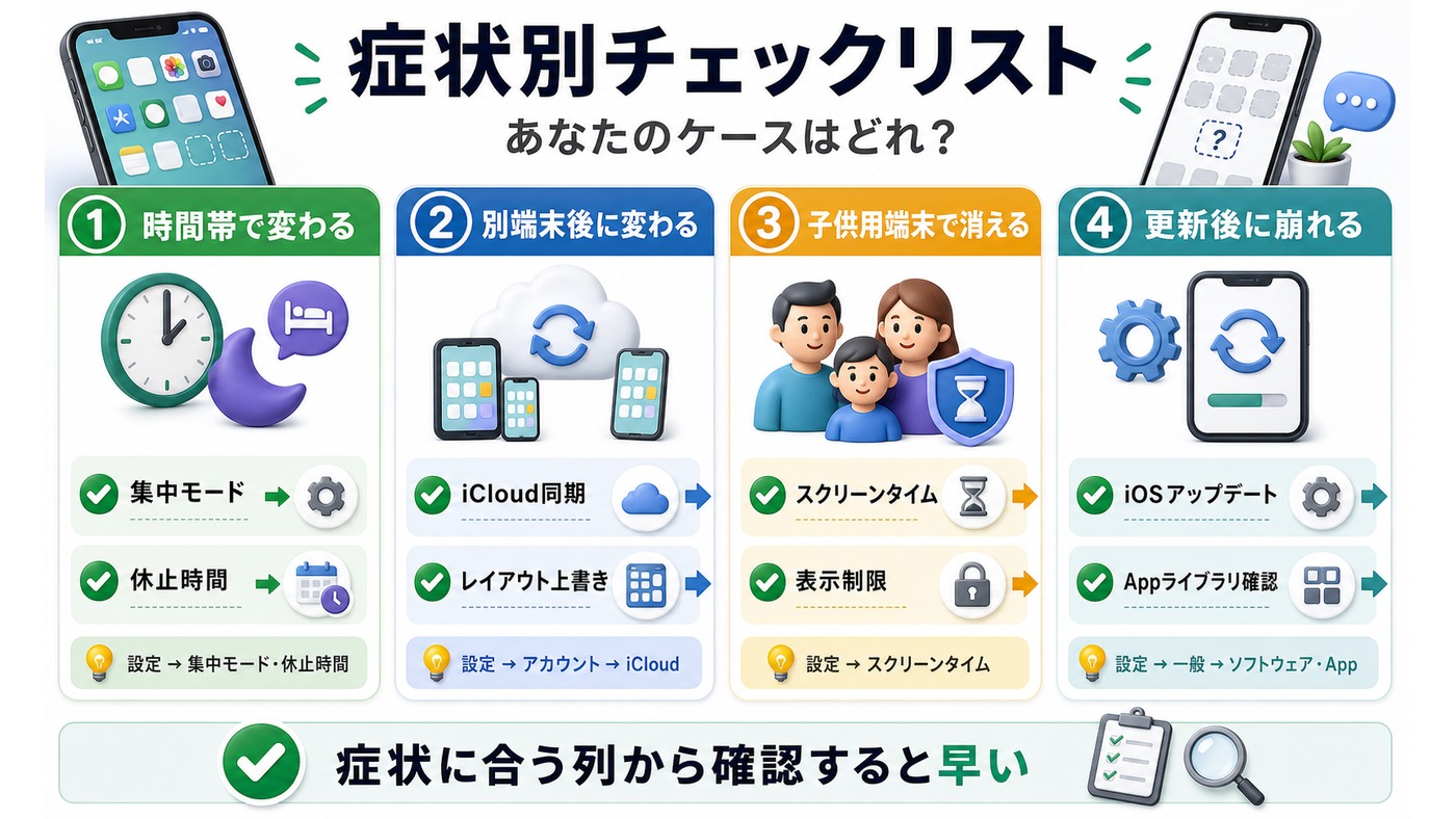 iPhoneホーム画面の症状別チェックリストをまとめた図解