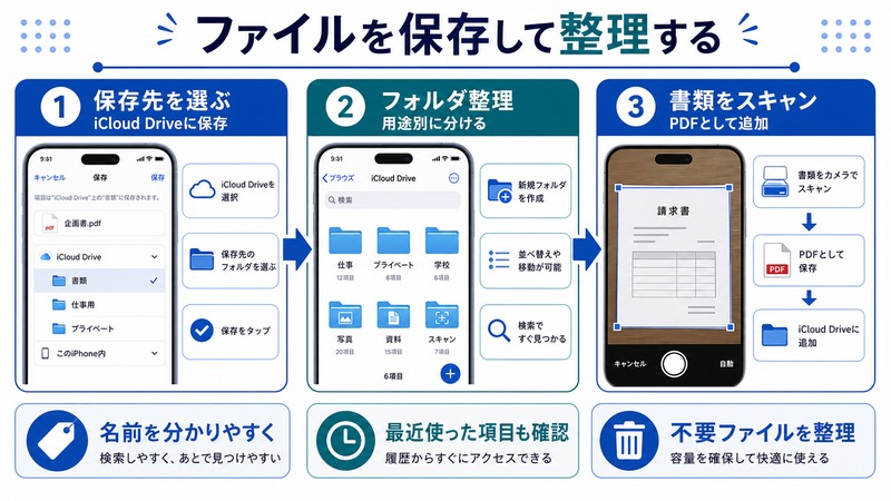 iPhoneのiCloud Driveで保存先を選びフォルダ整理や書類スキャンでファイルを管理する流れをまとめた日本語画像