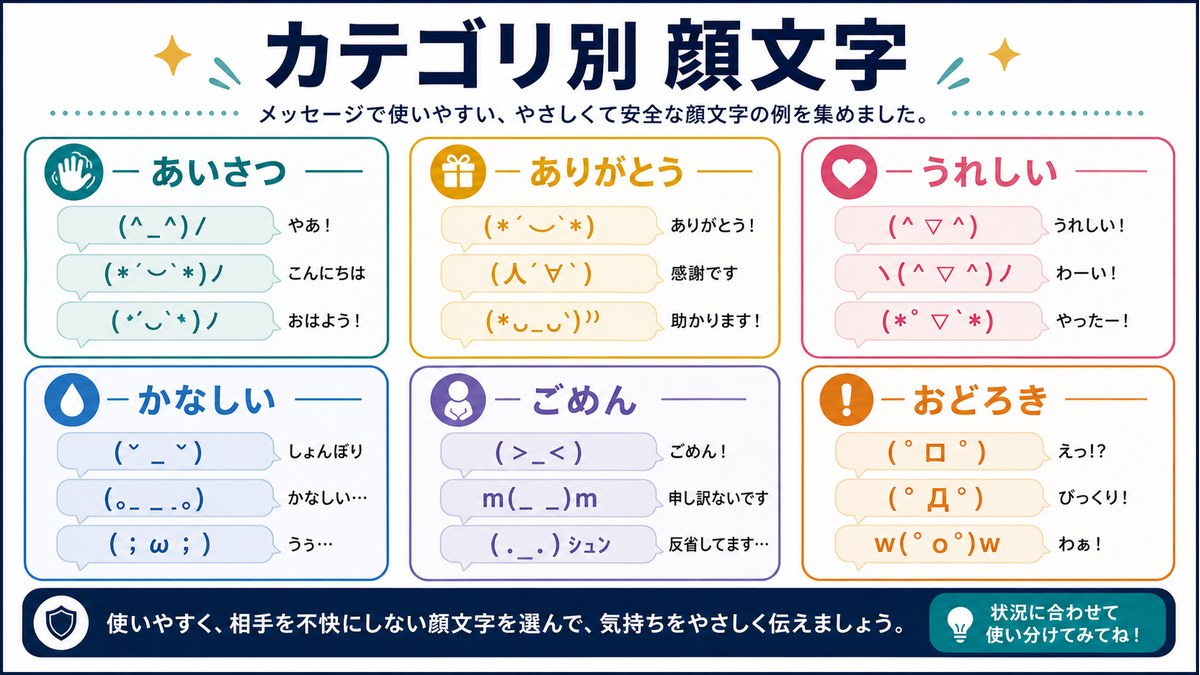 あいさつ、ありがとう、うれしい、かなしい、ごめん、おどろきを分けた図解