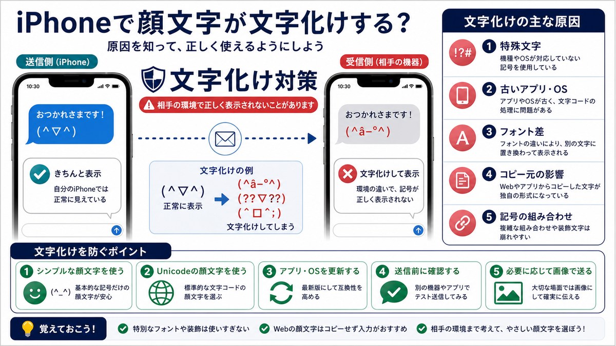 特殊文字、古いアプリ、フォント差を確認して文字化けを防ぐ図解