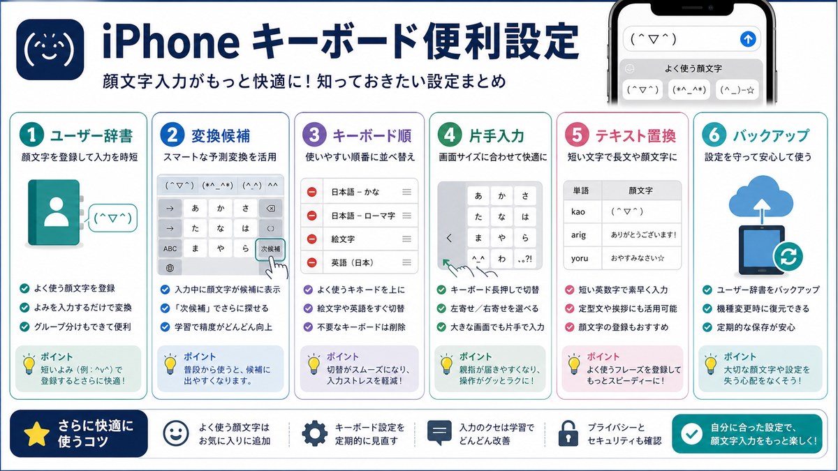 ユーザー辞書、変換候補、キーボード順、片手入力、バックアップを整理した図解
