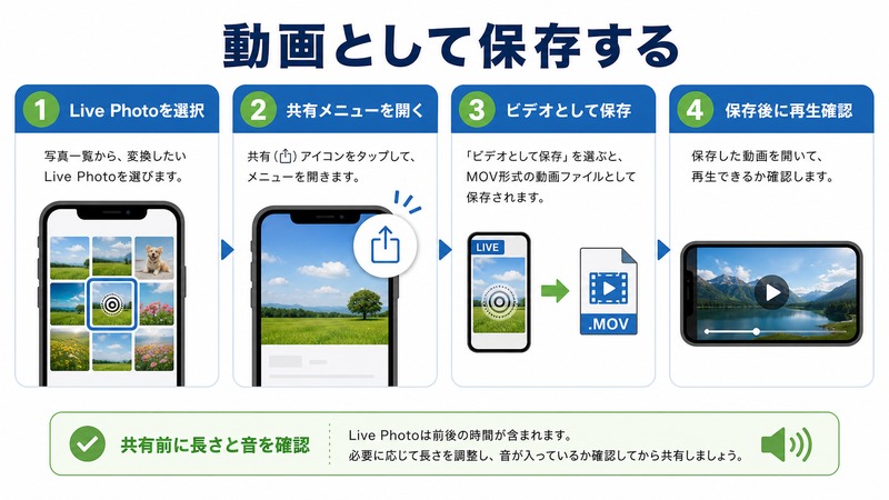Live Photoを選択し、共有メニューからビデオとして保存して、保存後に再生を確認する日本語図解
