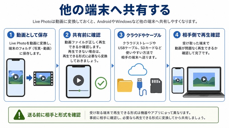動画として保存したLive Photoを共有前に確認し、クラウドやケーブルで他の端末へ共有して再生確認する日本語図解