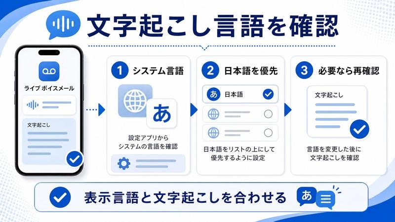 iPhoneライブボイスメールの文字起こし言語でシステム言語、日本語優先、必要な再確認を示した日本語図解