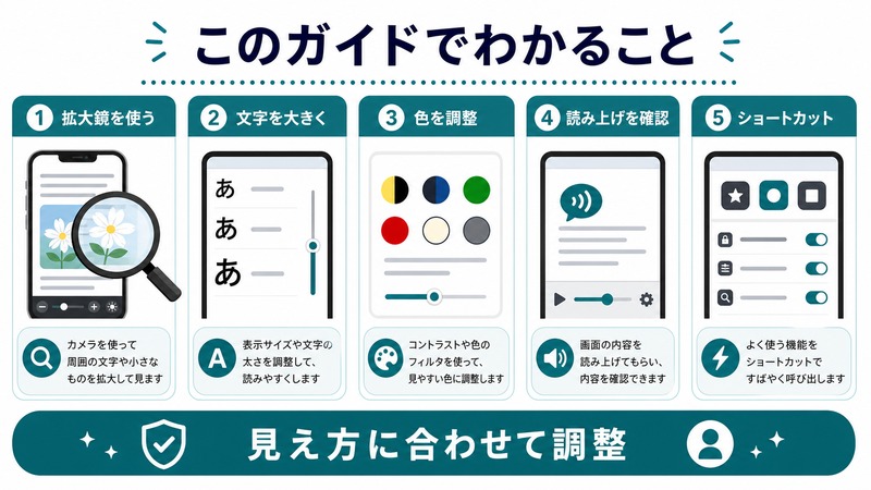 拡大鏡、文字を大きく、色調整、読み上げ、ショートカットを確認する日本語図解