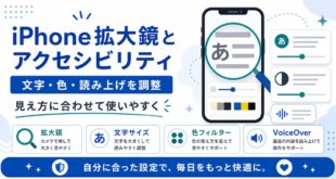 iPhone拡大鏡、文字サイズ、色フィルター、VoiceOverを見え方に合わせて調整する日本語アイキャッチ画像