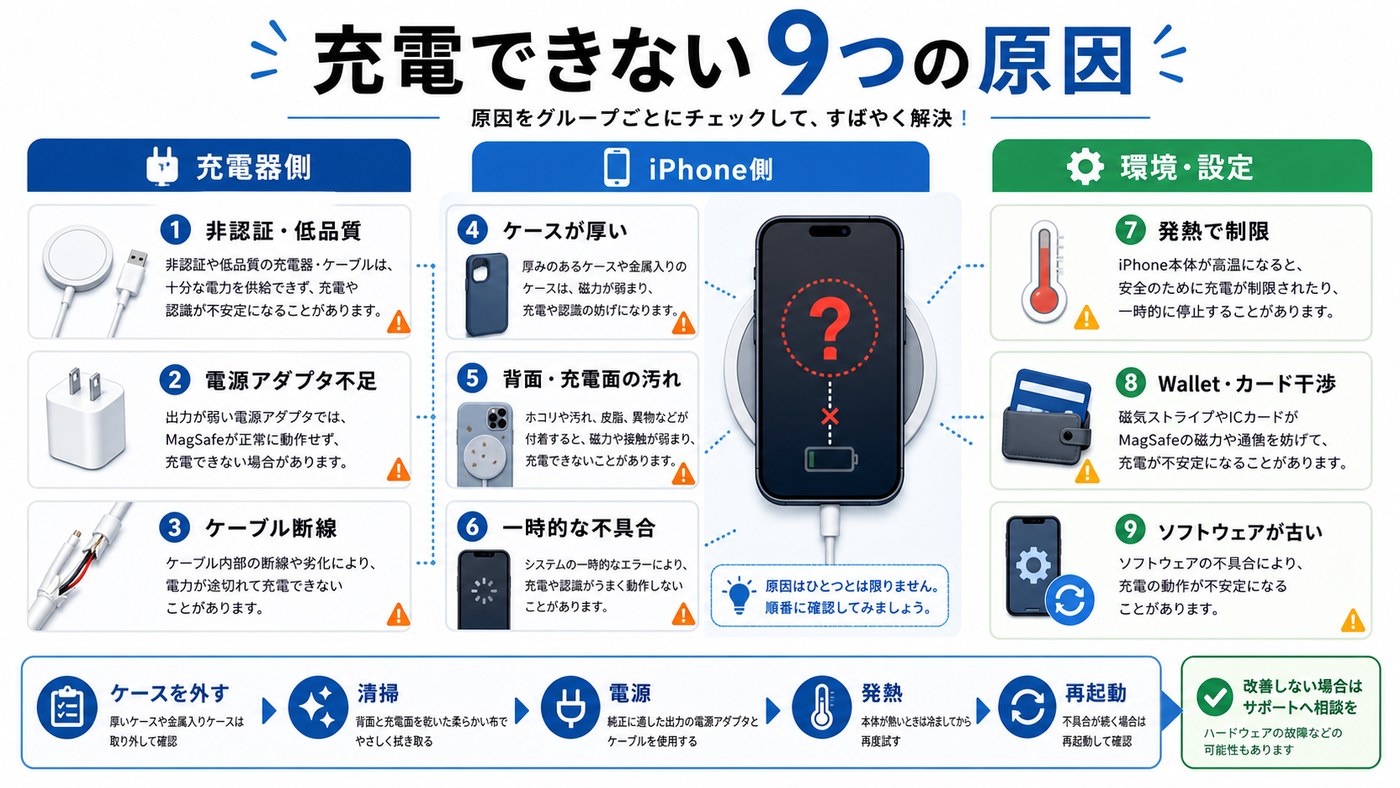 MagSafeが充電できない9つの原因を分類した図解
