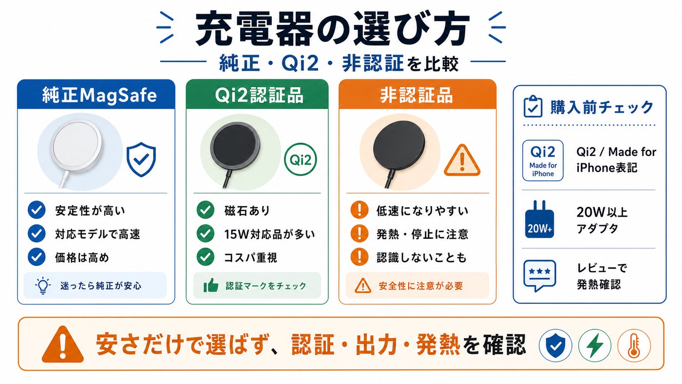 純正MagSafeとQi2認証品と非認証品の違いを比較した図解