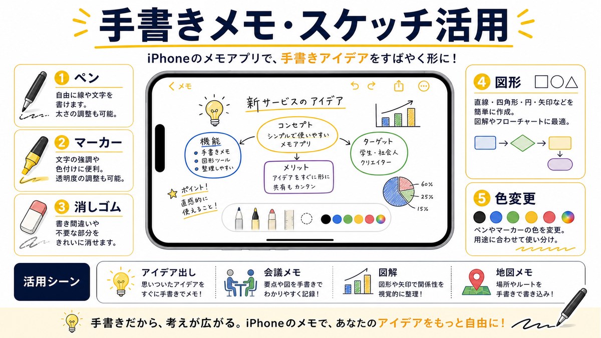 iPhoneメモで手書きやスケッチを使う場面を整理した図解