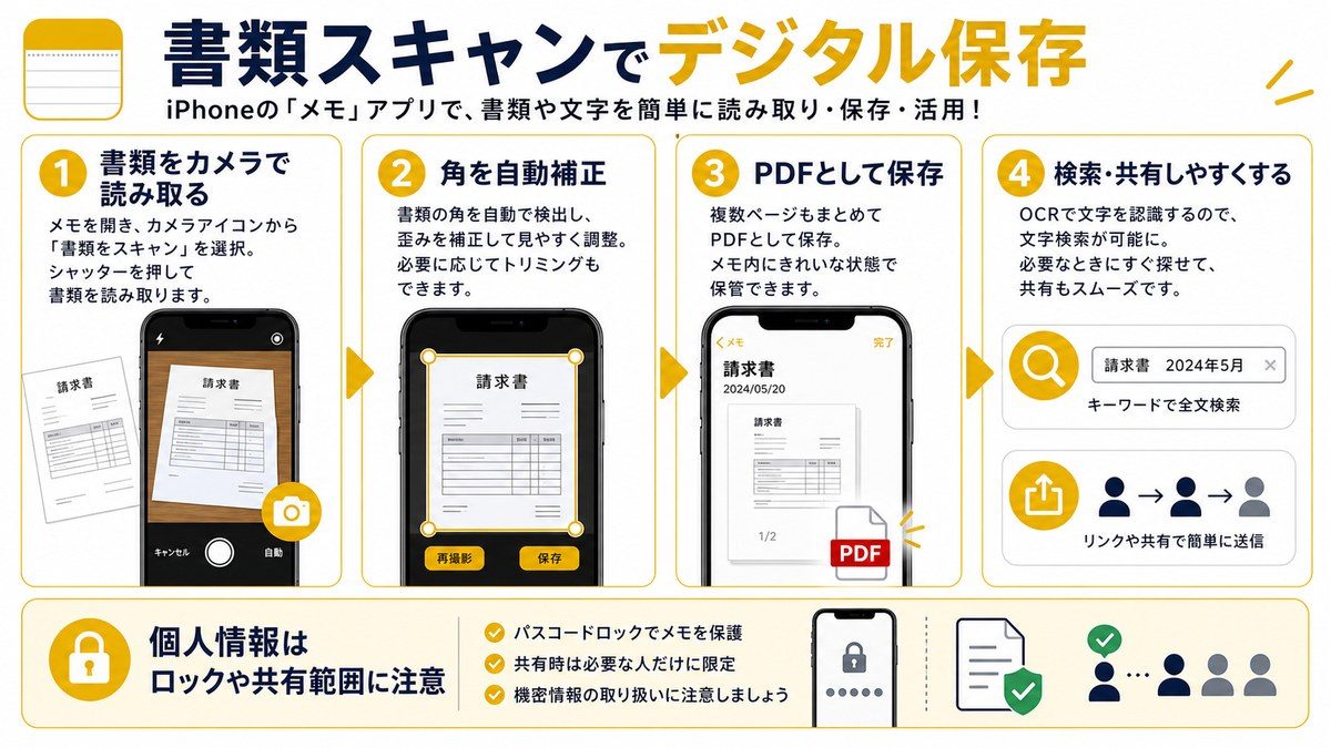 iPhoneメモで書類やテキストをスキャンして保存する流れを示した図解