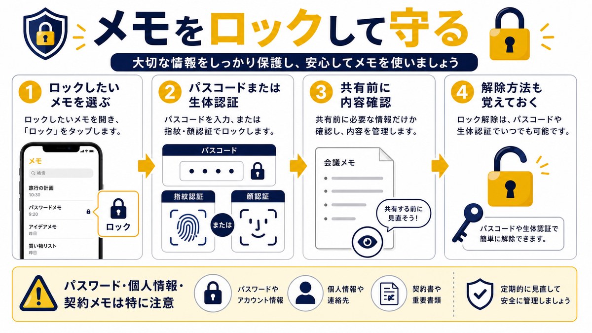iPhoneメモをロックして個人情報を守るポイントをまとめた図解