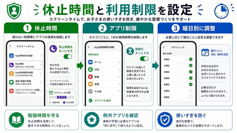 iPhoneのスクリーンタイムで休止時間やアプリ制限や曜日別の調整を設定する流れをまとめた日本語画像