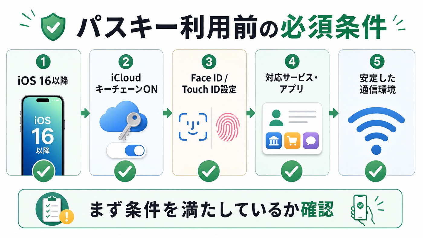 iPhoneでパスキーを使うために必要な条件をまとめた図解