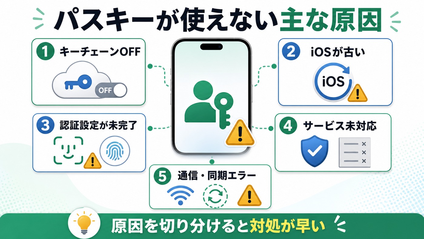iPhoneでパスキーが使えない主な原因を整理した図解