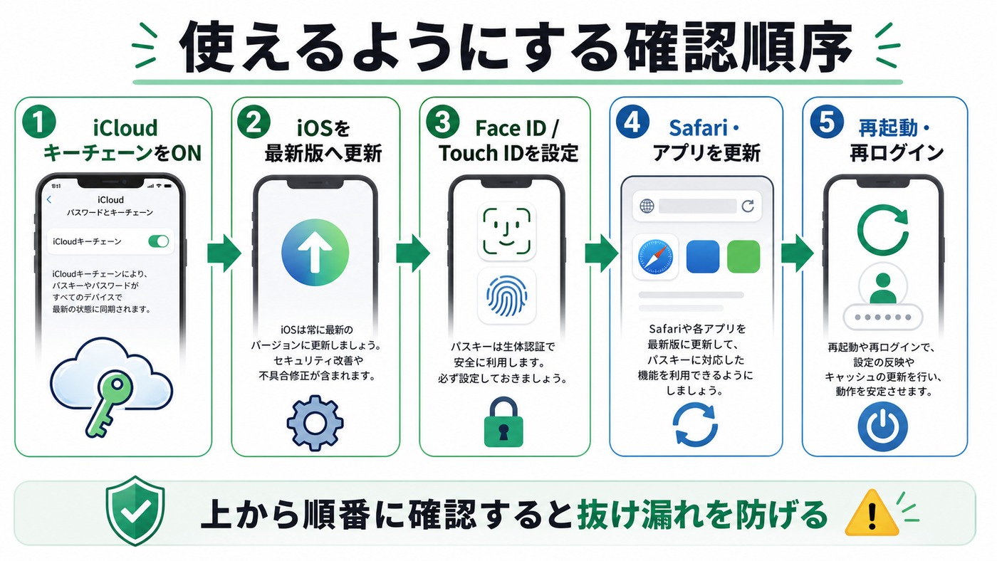 iPhoneでパスキーを使えるようにする確認順序をまとめた図解