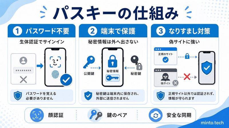 iPhoneのパスキーがパスワード不要で生体認証を使い公開鍵と秘密鍵でなりすましを防ぐ仕組みをまとめた日本語画像