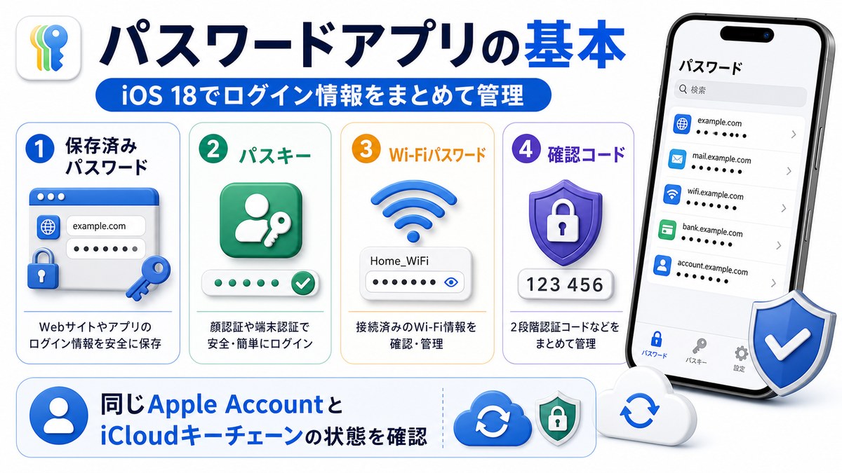 iOS 18のパスワードアプリで管理できる項目