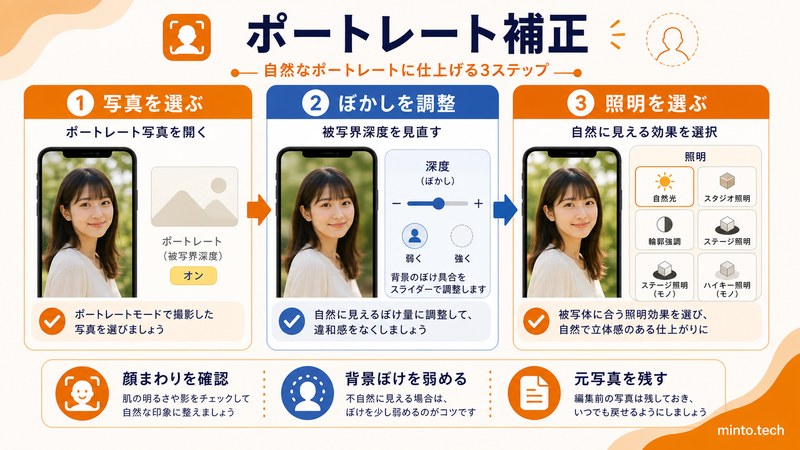 iPhoneのポートレート写真でぼかしや照明を調整して自然に仕上げる流れをまとめた日本語画像