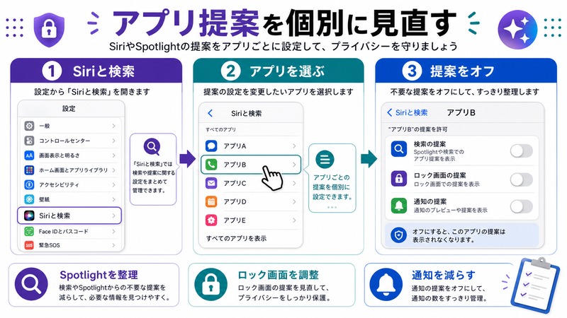 iPhoneのSiriと検索からアプリを選びSiriやSpotlightの提案を個別にオフにする流れをまとめた日本語画像