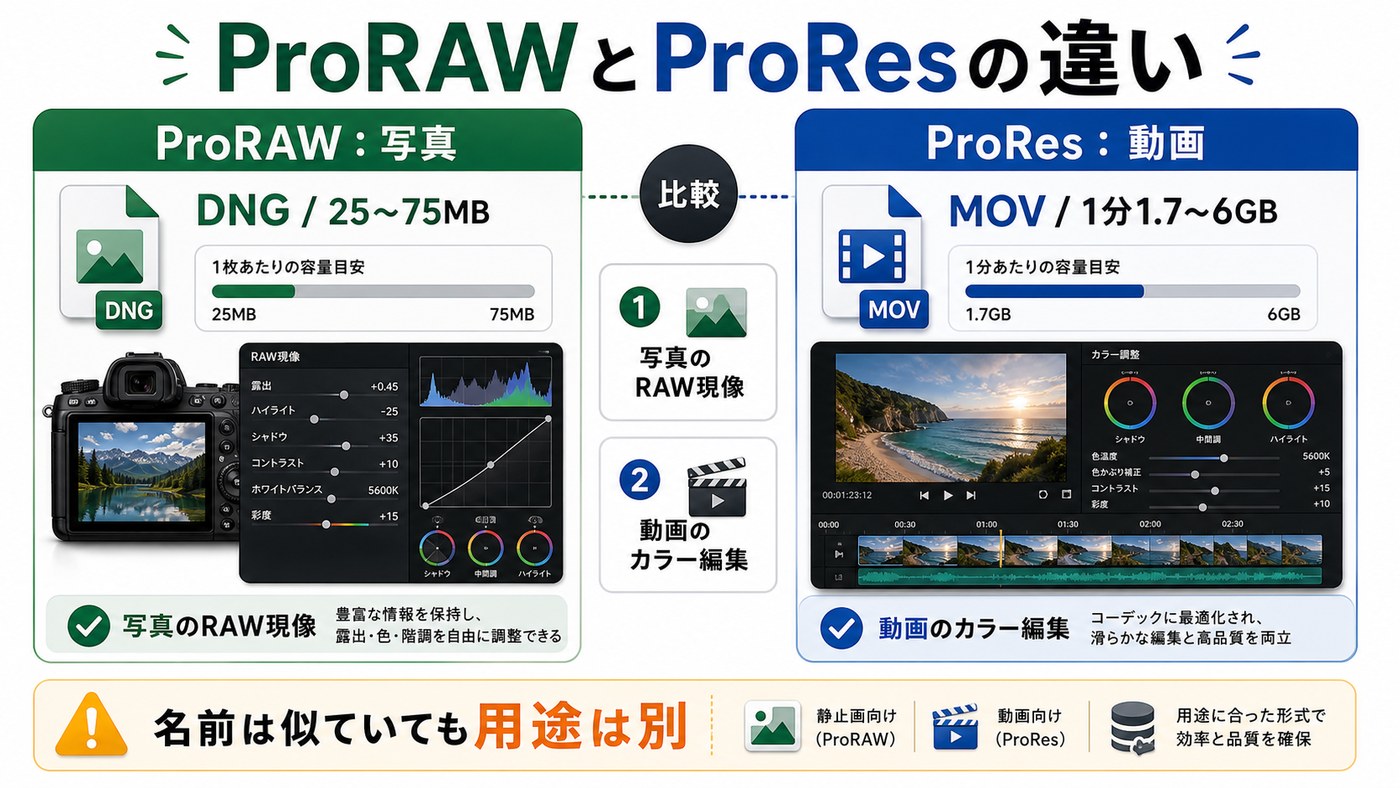 ProRAWとProResの違いを写真と動画で比較した図解