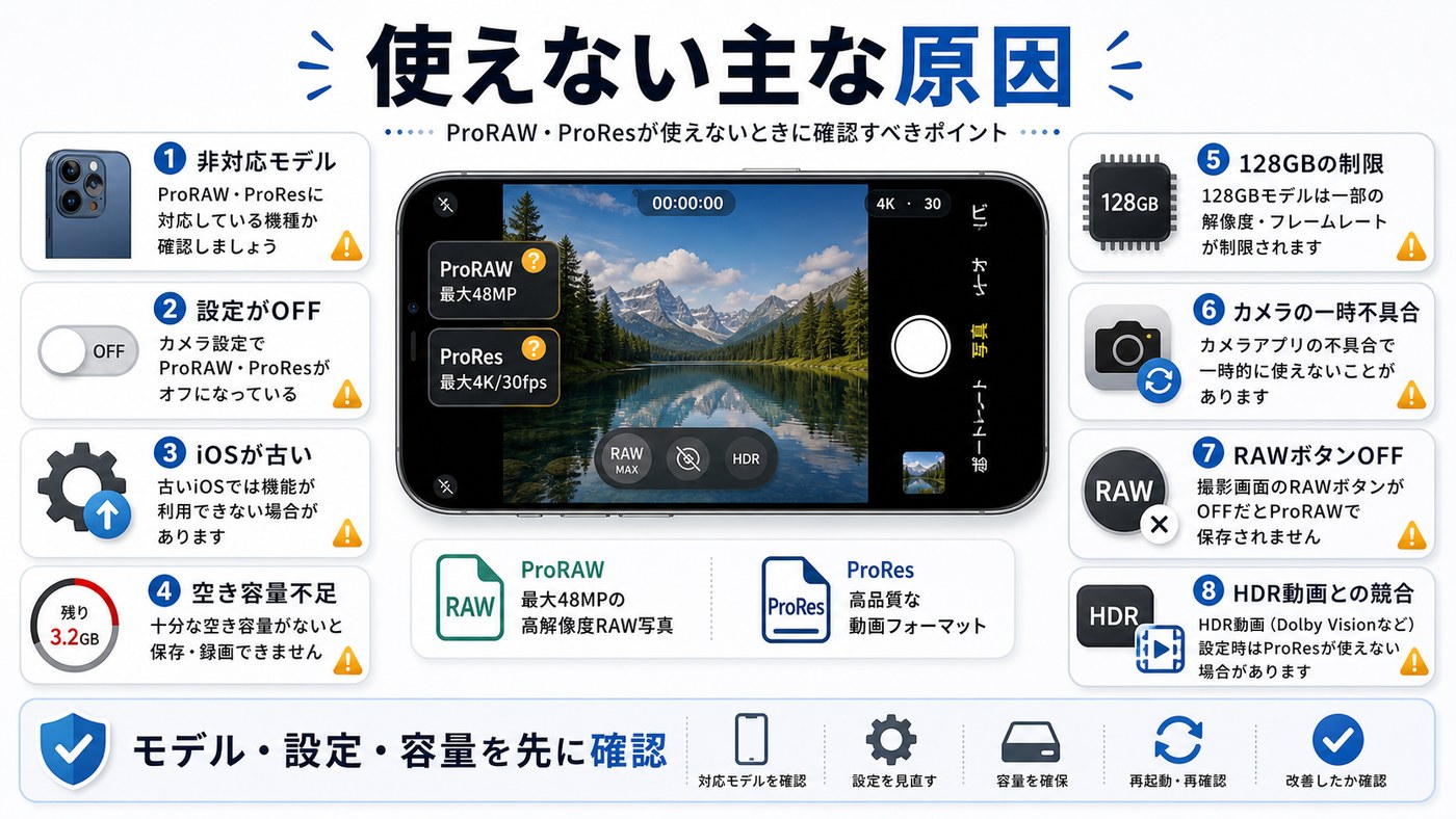 ProRAWとProResが使えない主な原因をまとめた図解