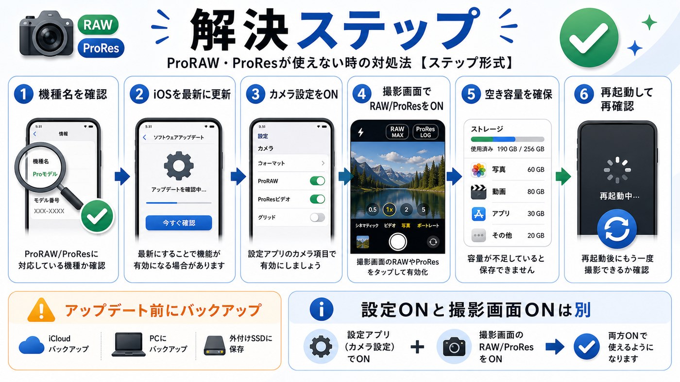 ProRAWとProResが使えない時の解決ステップをまとめた図解