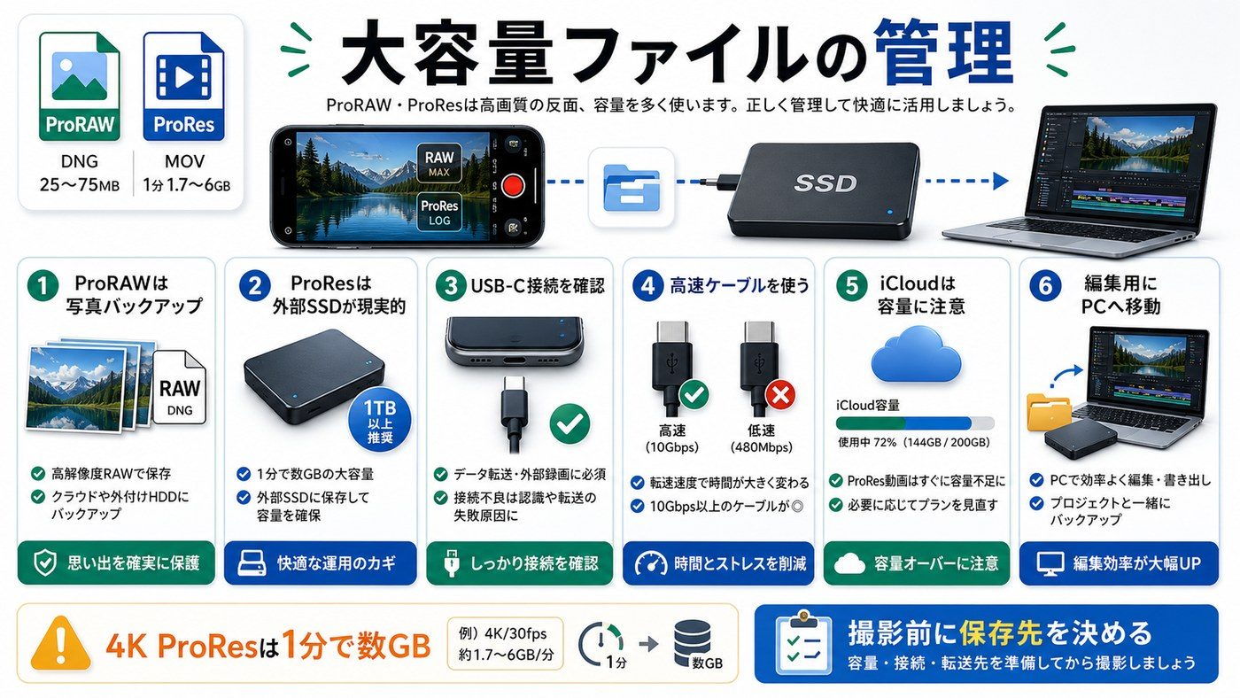 ProRAWとProResの大容量ファイル管理方法をまとめた図解