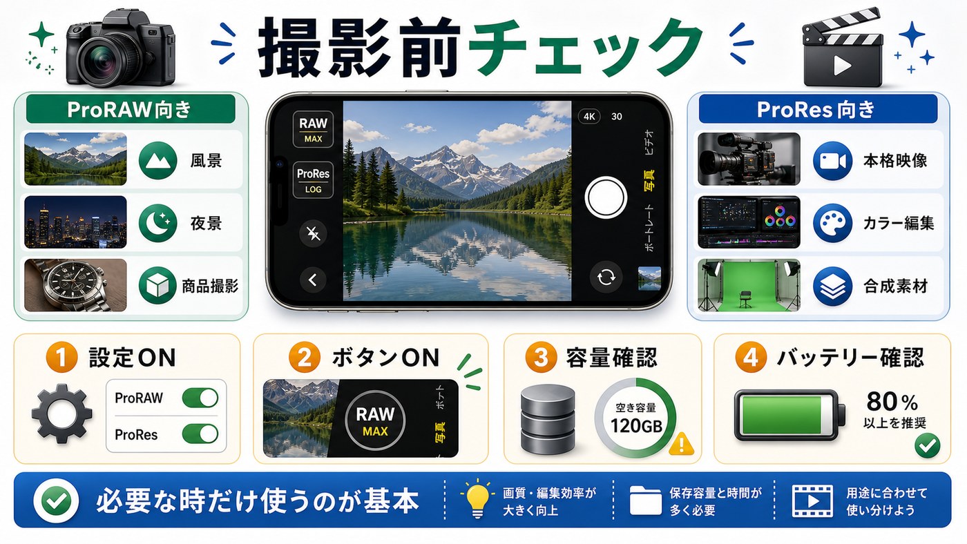 ProRAWとProResを使う場面と撮影前チェックをまとめた図解