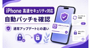 iPhoneの高速セキュリティ対応、自動パッチ確認、通常アップデートとの違いを示す日本語アイキャッチ画像