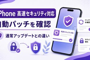 iPhoneの高速セキュリティ対応、自動パッチ確認、通常アップデートとの違いを示す日本語アイキャッチ画像