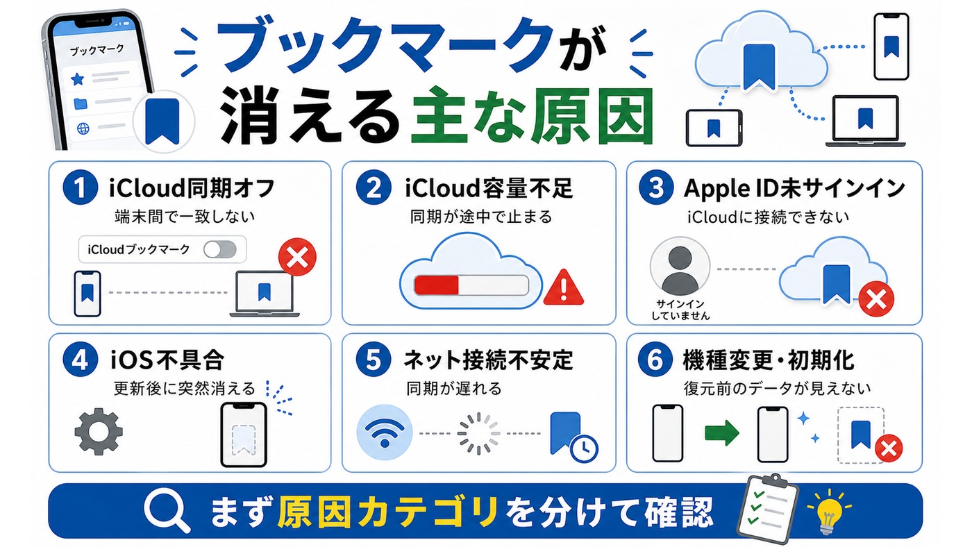 iPhoneのSafariブックマークが消える主な原因を整理した図解