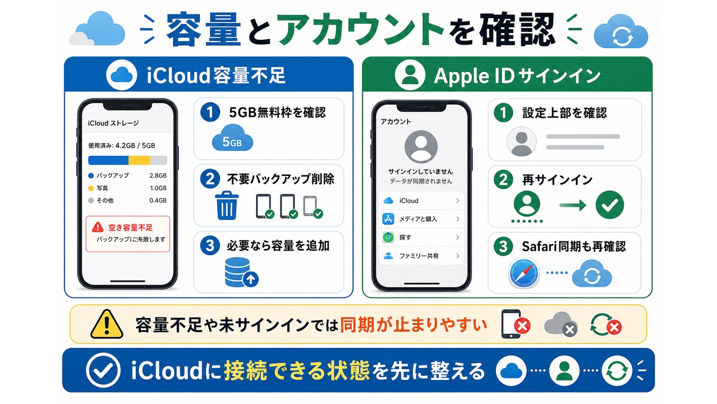 iCloud容量とApple IDサインイン確認をまとめた図解
