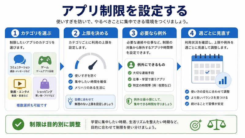 アプリカテゴリを選び、上限を決め、必要なら例外を作り、週ごとに見直す日本語図解