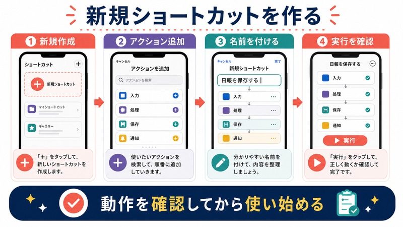 iPhoneショートカットで新規作成、アクション追加、名前付け、実行確認を行う日本語図解