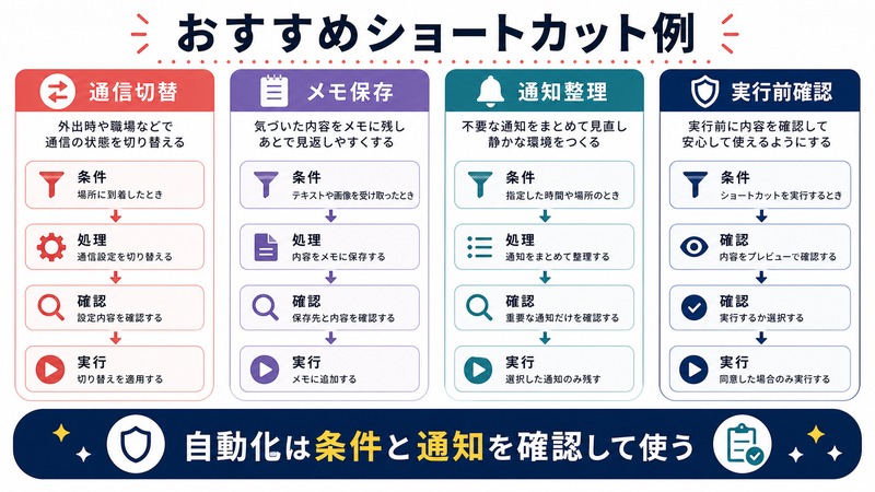 通信切替、メモ保存、通知整理などのショートカット例で条件、処理、確認、実行を整理する日本語図解